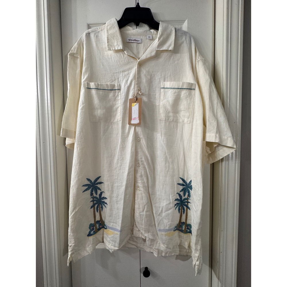 Caribbean Isle Sands Linen Palm Tree Embroidered Button Down Shirt Mens XXL